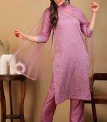 Lavender embroidered silk blend stitched readymade suit