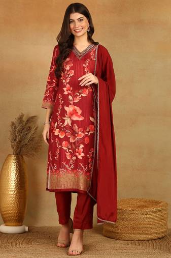 Maroon printed rayon stitched readymade suit