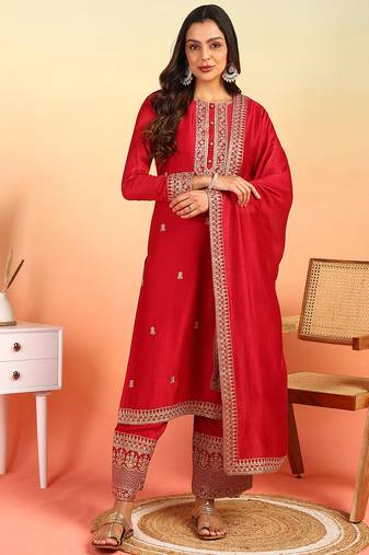 Red embroidered silk blend stitched readymade suit