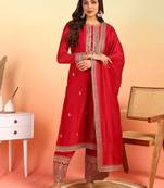 Red embroidered silk blend stitched readymade suit