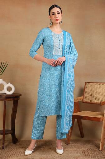 Blue embroidered viscose rayon stitched readymade suit