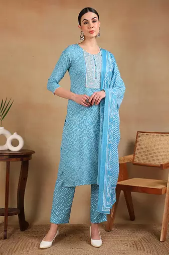 Blue embroidered viscose rayon stitched readymade suit
