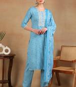 Blue embroidered viscose rayon stitched readymade suit