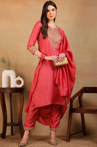 Maroon embroidered silk blend stitched readymade suit