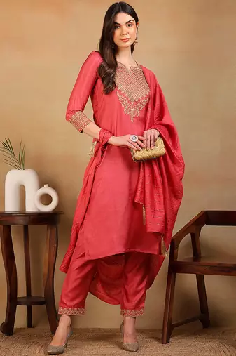 Maroon embroidered silk blend stitched readymade suit