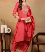 Maroon embroidered silk blend stitched readymade suit