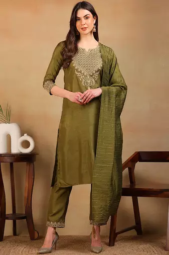 Olive embroidered silk blend stitched readymade suit