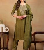 Olive embroidered silk blend stitched readymade suit