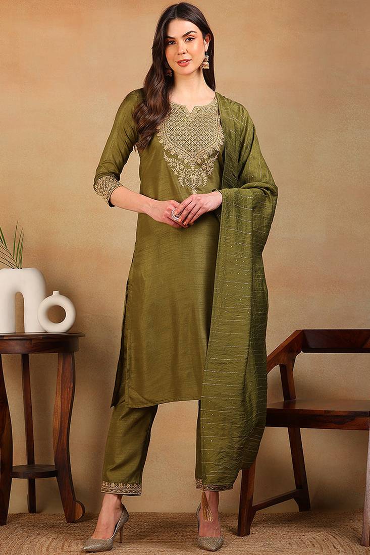 Olive embroidered silk blend stitched readymade suit