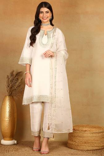 White embroidered silk blend stitched readymade suit