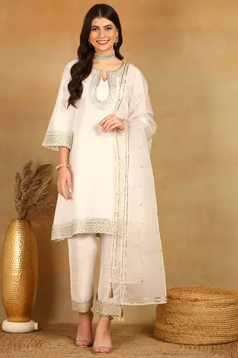 White embroidered silk blend stitched readymade suit