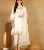White embroidered silk blend stitched readymade suit