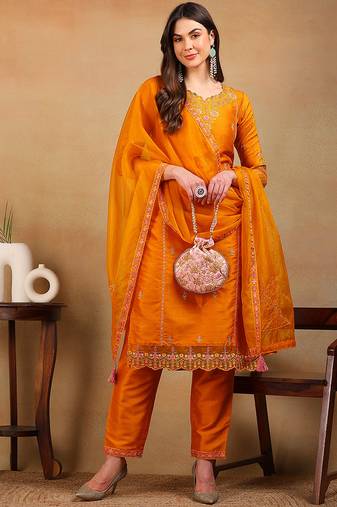 Mustard embroidered silk blend stitched readymade suit