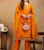 Mustard embroidered silk blend stitched readymade suit