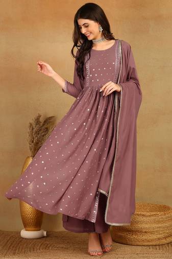 Mauve embroidered georgette stitched readymade suit