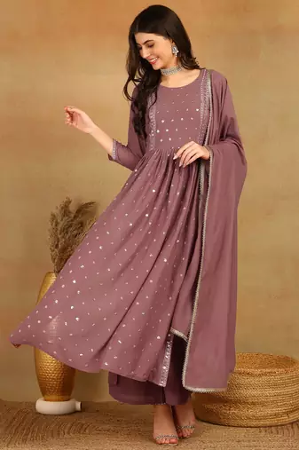 Mauve embroidered georgette stitched readymade suit