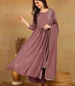 Mauve embroidered georgette stitched readymade suit