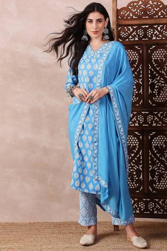Blue printed rayon stitched readymade suit