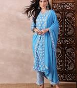 Blue printed rayon stitched readymade suit