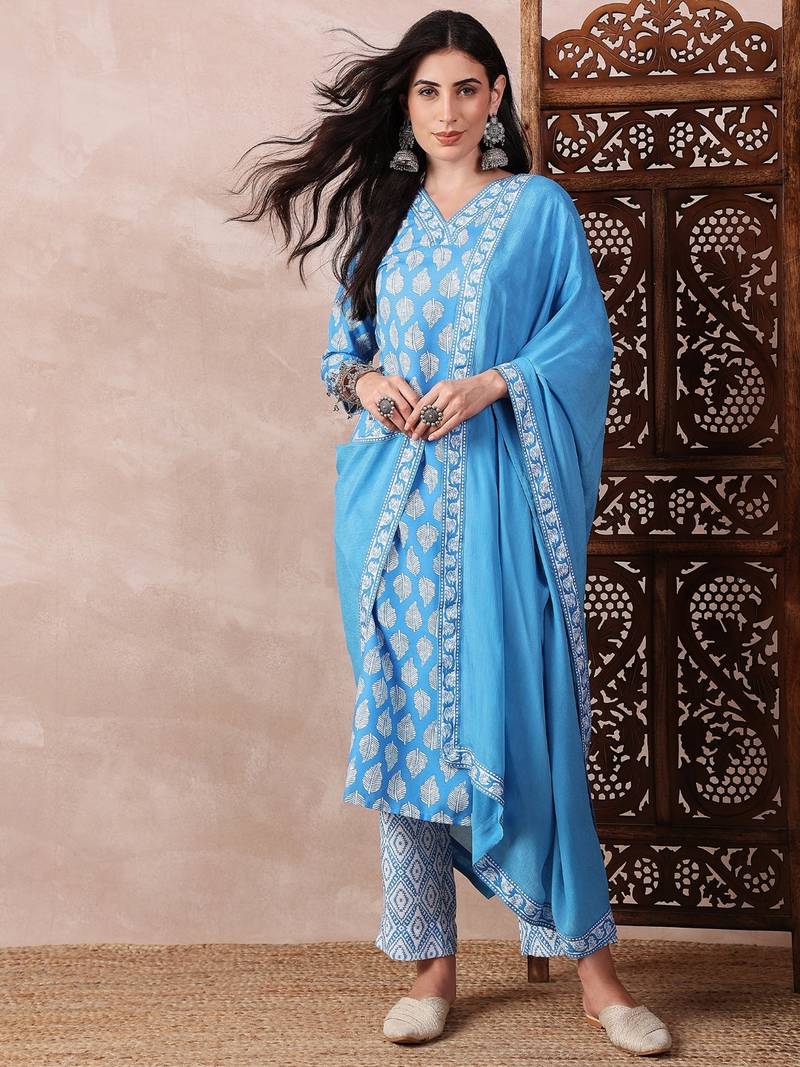 Blue printed rayon stitched readymade suit