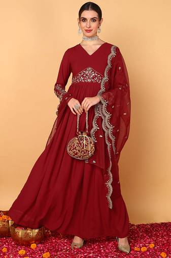 Red embroidered georgette stitched readymade suit