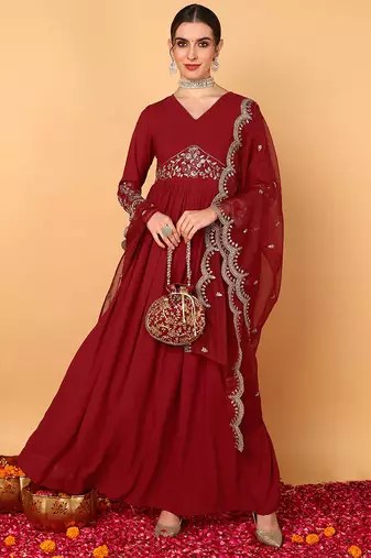 Red embroidered georgette stitched readymade suit