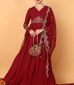 Red embroidered georgette stitched readymade suit