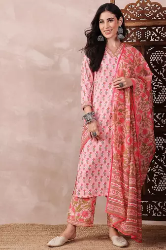 Pink printed rayon stitched readymade suit