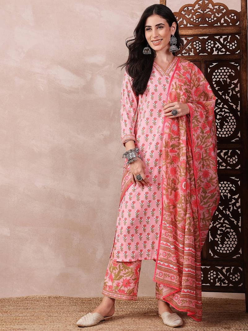 Pink printed rayon stitched readymade suit