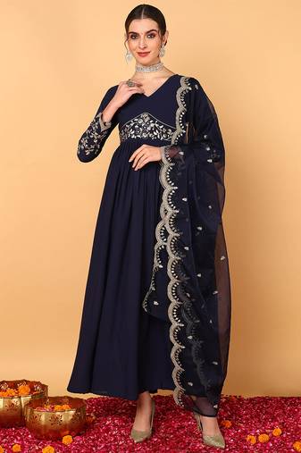 Blue embroidered georgette stitched readymade suit