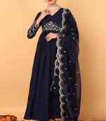 Blue embroidered georgette stitched readymade suit