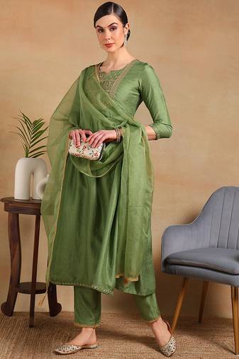 Green plain silk blend stitched readymade suit