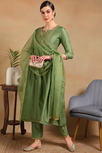 Green plain silk blend stitched readymade suit