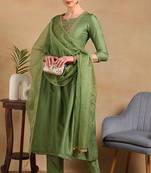 Green plain silk blend stitched readymade suit