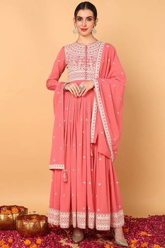 Pink embroidered georgette stitched readymade suit
