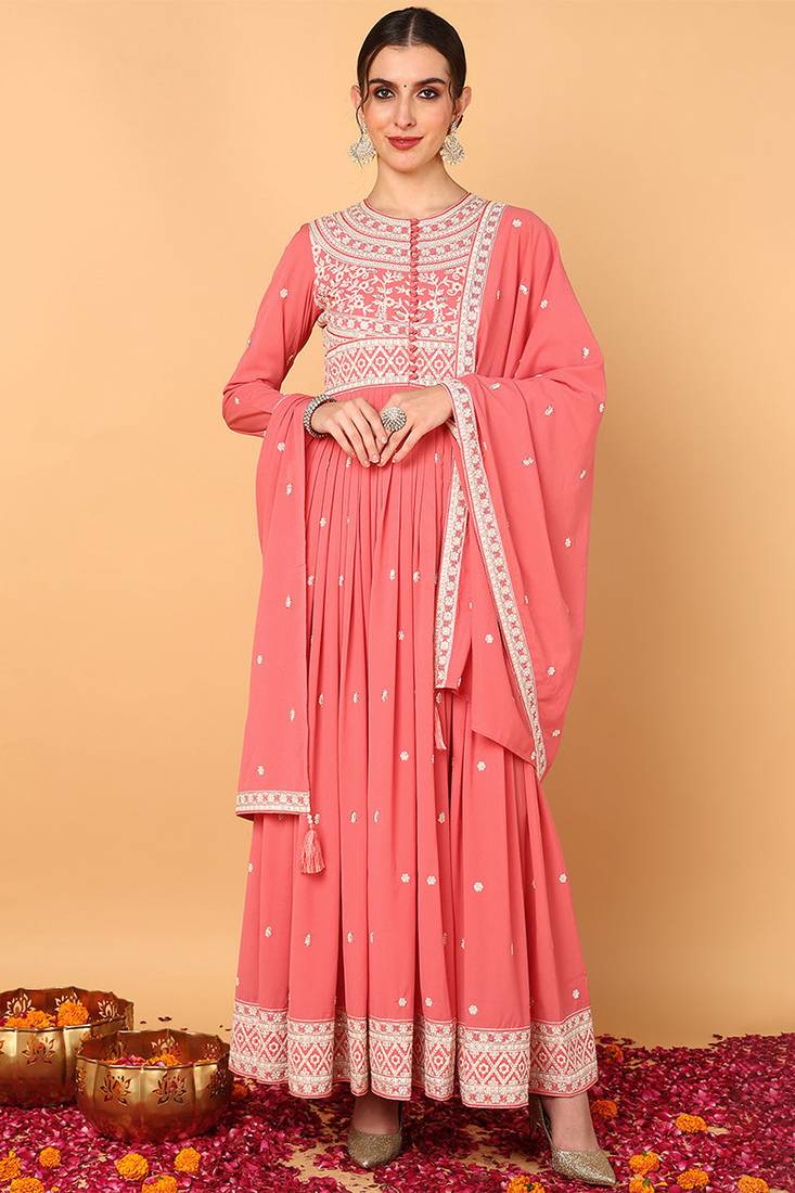 Pink embroidered georgette stitched readymade suit