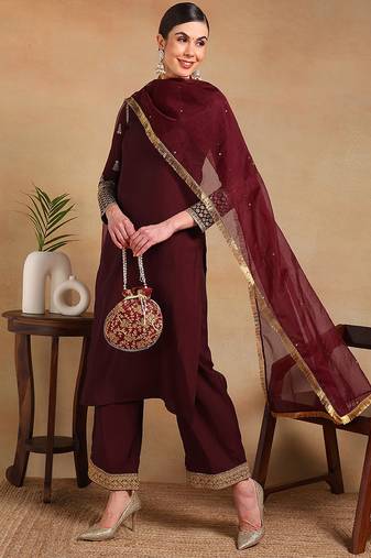 Burgundy embroidered silk blend stitched readymade suit