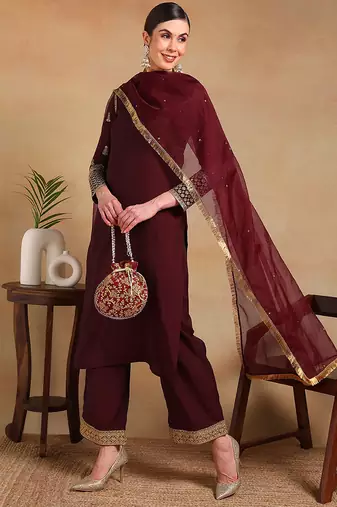 Burgundy embroidered silk blend stitched readymade suit