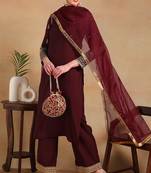 Burgundy embroidered silk blend stitched readymade suit