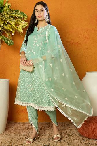 Sea green embroidered organza stitched readymade suit
