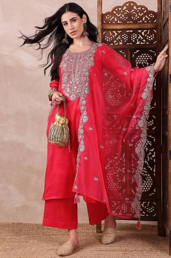 Pink embroidered silk blend stitched readymade suit