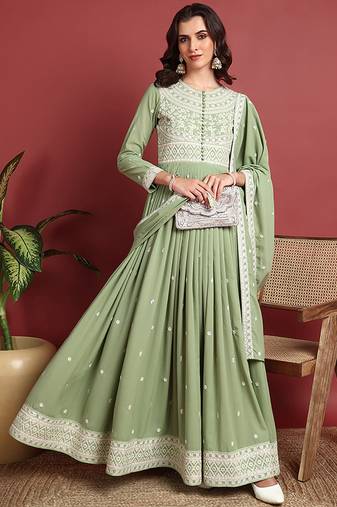 Green embroidered georgette stitched readymade suit