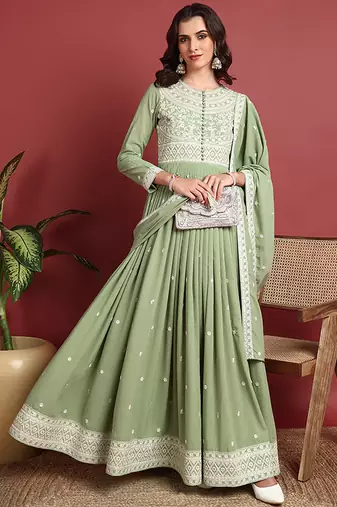 Green embroidered georgette stitched readymade suit