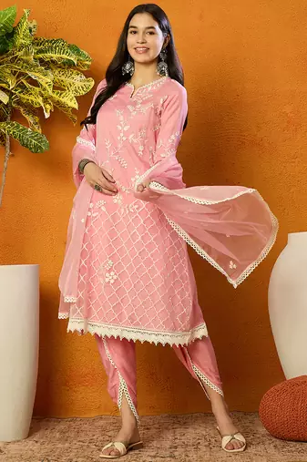 Pink embroidered organza stitched readymade suit