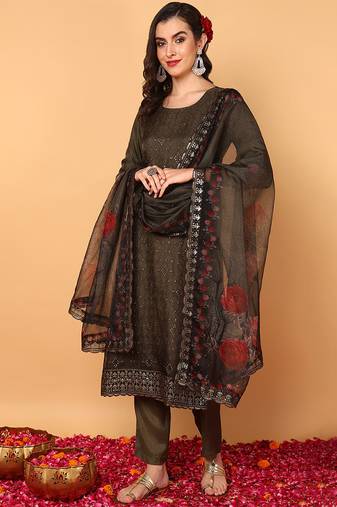 Green embroidered organza stitched readymade suit