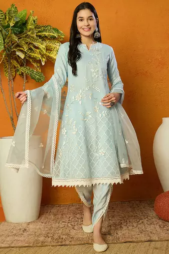 Blue embroidered organza stitched readymade suit