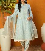 Blue embroidered organza stitched readymade suit
