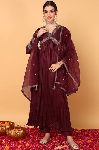Maroon embroidered silk blend stitched readymade suit
