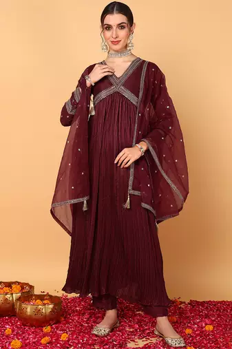 Maroon embroidered silk blend stitched readymade suit