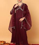 Maroon embroidered silk blend stitched readymade suit